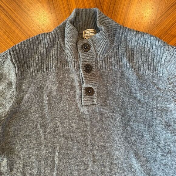 LL Bean 100% Lambs Wool Sweater Mens Large Gray Henley 3 Button Pullover EUC - Picture 3 of 12